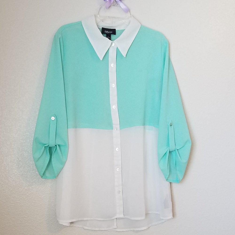 IZ Byer Top Mint Green and White Blouse Shirt